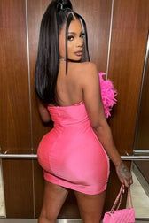 Sexy Rhinestone Sheer Mesh Panel Feather Strapless Party Mini Dress - Hot Pink 3