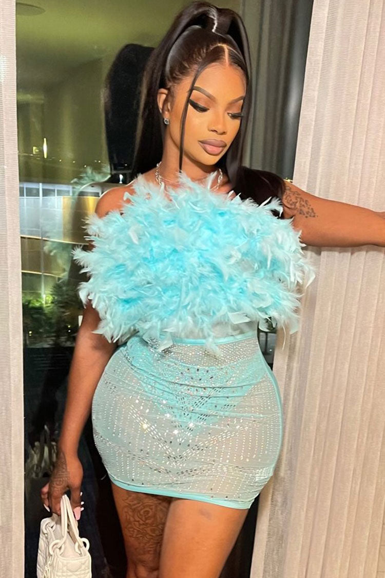 Sexy Rhinestone Sheer Mesh Panel Feather Strapless Party Mini Dress - Lake Blue 2