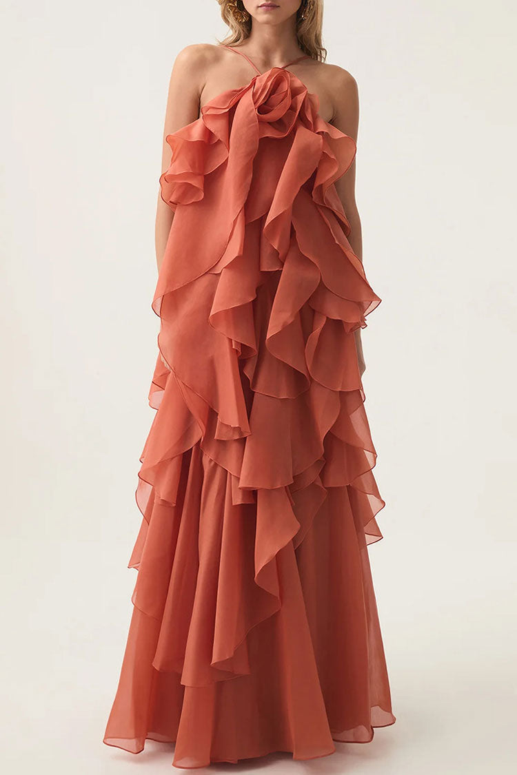 Sexy Rosette Backless Laced Back Layered Ruffle Chiffon Vacation Maxi Dress