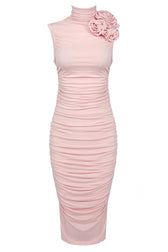 Sexy Rosette Corsage High Neck Sleeveless Ruched Cocktail Party Midi Dress - Pink 2