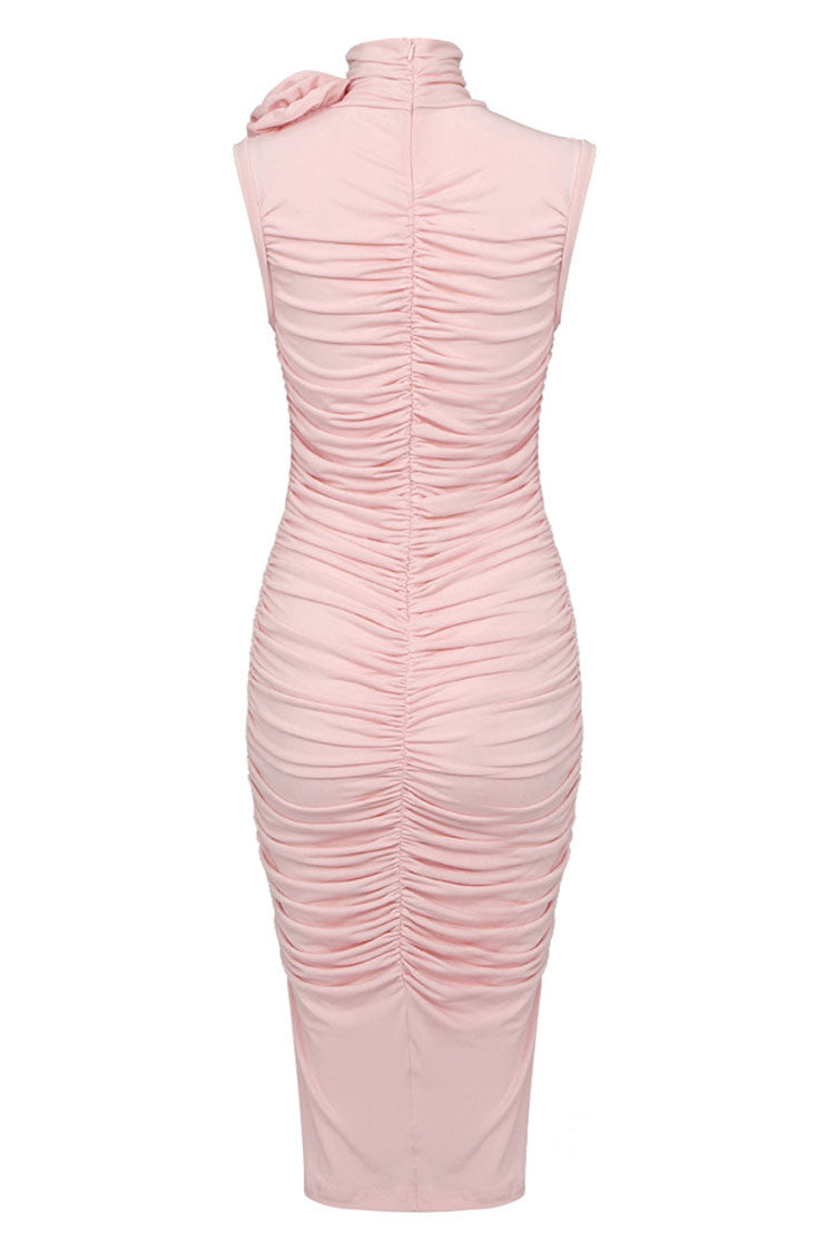 Sexy Rosette Corsage High Neck Sleeveless Ruched Cocktail Party Midi Dress - Pink 3