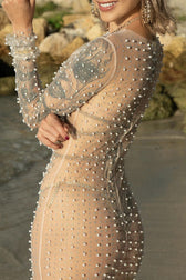 Sexy Round Neck Long Sleeve Faux Pearl Split Sheer Mesh Maxi Dress - Nude 2