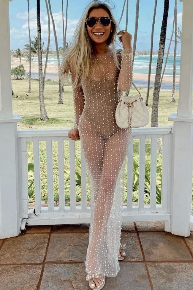 Faux Pearl Beaded Sheer Mesh Round Neck Long Sleeve Maxi Dress