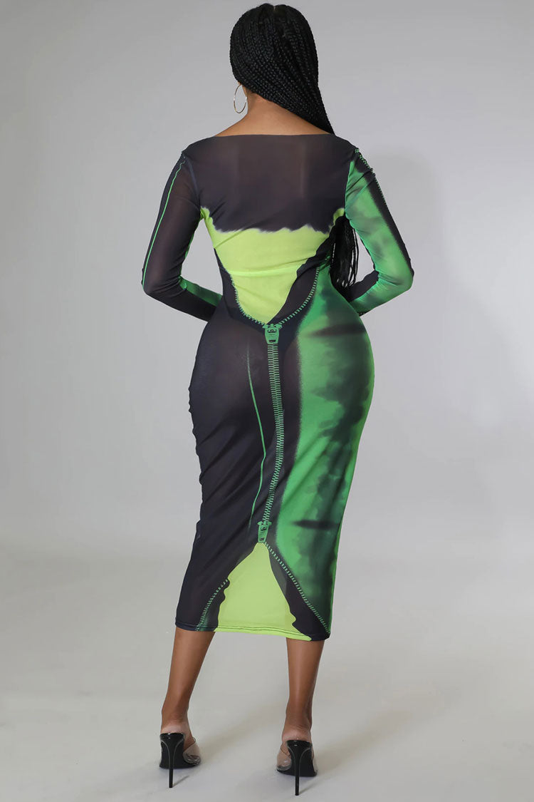 Sexy Round Neck Tie Dye Printed Long Sleeve Sheer Mesh Midi Dress - Green 5
