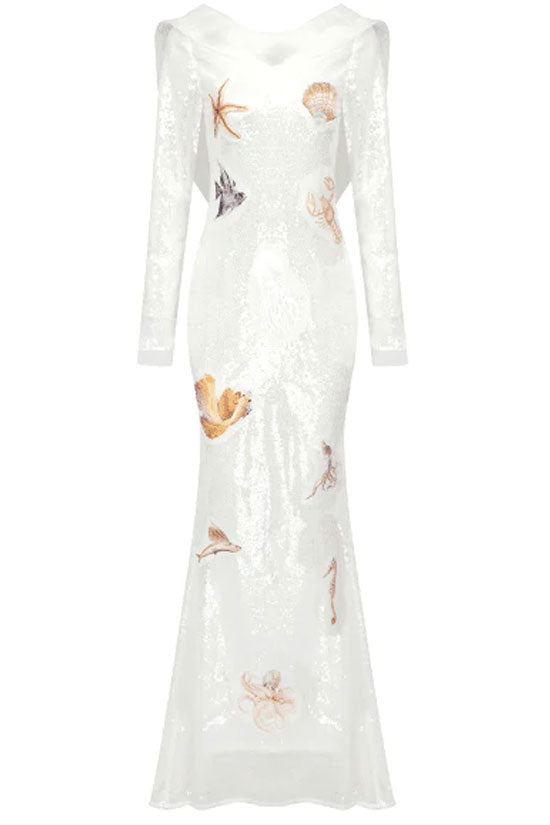 Sexy Ruffle Backless Applique Off Shoulder Sequin Sheer Mesh Maxi Dress - White 4
