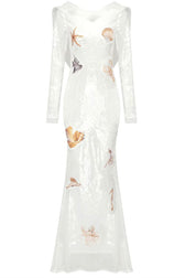 Sexy Ruffle Backless Applique Off Shoulder Sequin Sheer Mesh Maxi Dress - White 4
