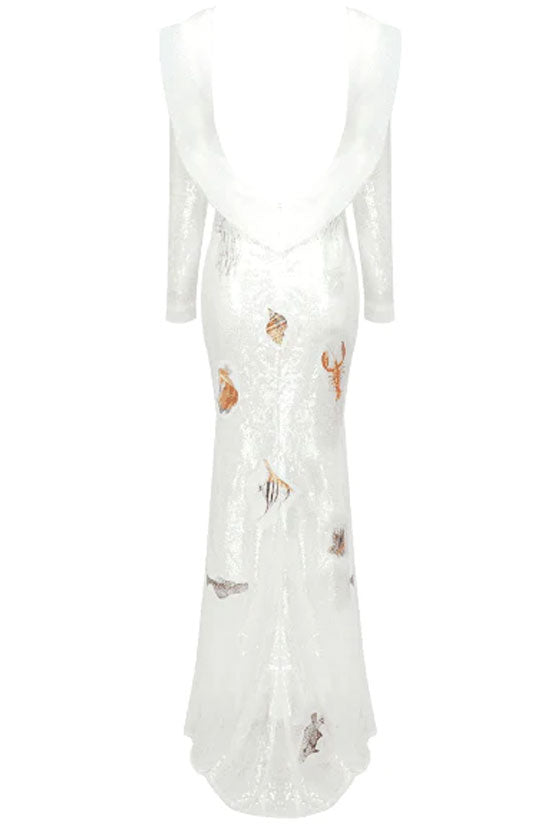 Sexy Ruffle Backless Applique Off Shoulder Sequin Sheer Mesh Maxi Dress - White 5