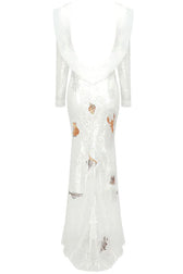 Sexy Ruffle Backless Applique Off Shoulder Sequin Sheer Mesh Maxi Dress - White 5