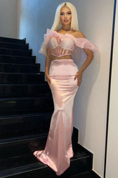 Sexy Ruffle Sheer Corset High Waist Satin Skirt Two Piece Maxi Dress - Pink 4