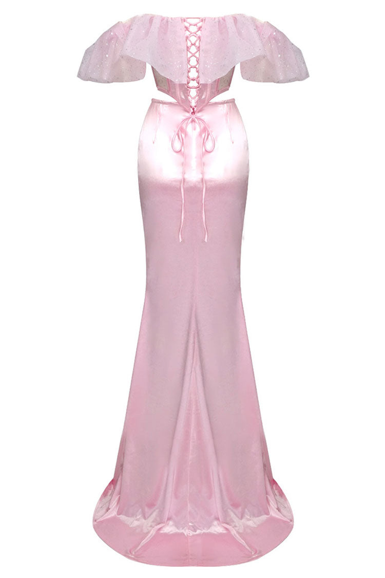 Sexy Ruffle Sheer Corset High Waist Satin Skirt Two Piece Maxi Dress - Pink 7
