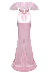 Sexy Ruffle Sheer Corset High Waist Satin Skirt Two Piece Maxi Dress - Pink 7