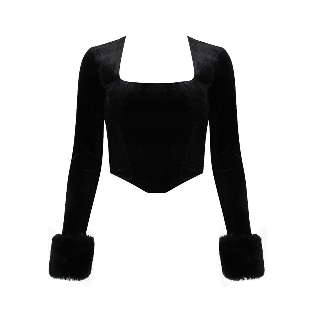 Sexy Scalloped Square Neck Faux Fur Trim Long Sleeve Corset Velvet Top