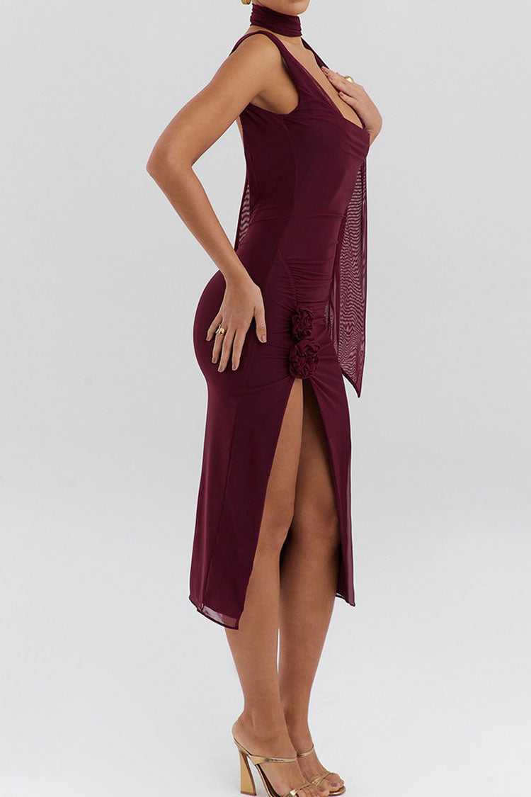Sexy Scarf Cowl Neck Backless Rosette Ruched Bodycon Mesh Cocktail Midi Dress