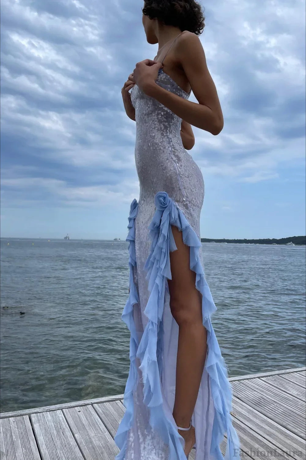 Sexy Sequin Sheer Ruffle Maxi Dress
