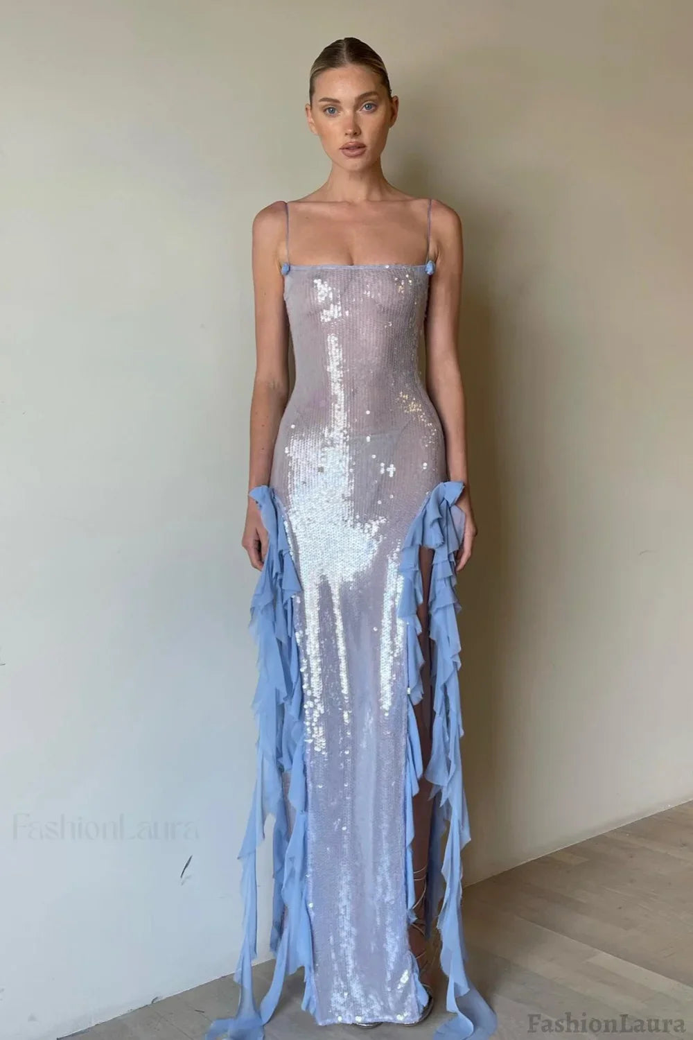 Sexy Sequin Sheer Ruffle Maxi Dress S / Blue