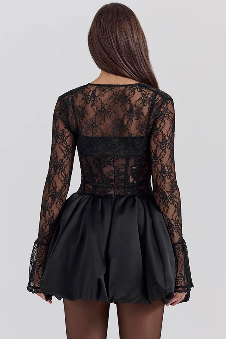 Sexy Sheer Lace Shrug Bustier Corset Satin Spliced Bubble Party Mini Dress