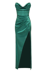 Sexy Silky Satin Cowl Neck Pleated High Split Strapless Evening Maxi Dress - Emerald Green 6