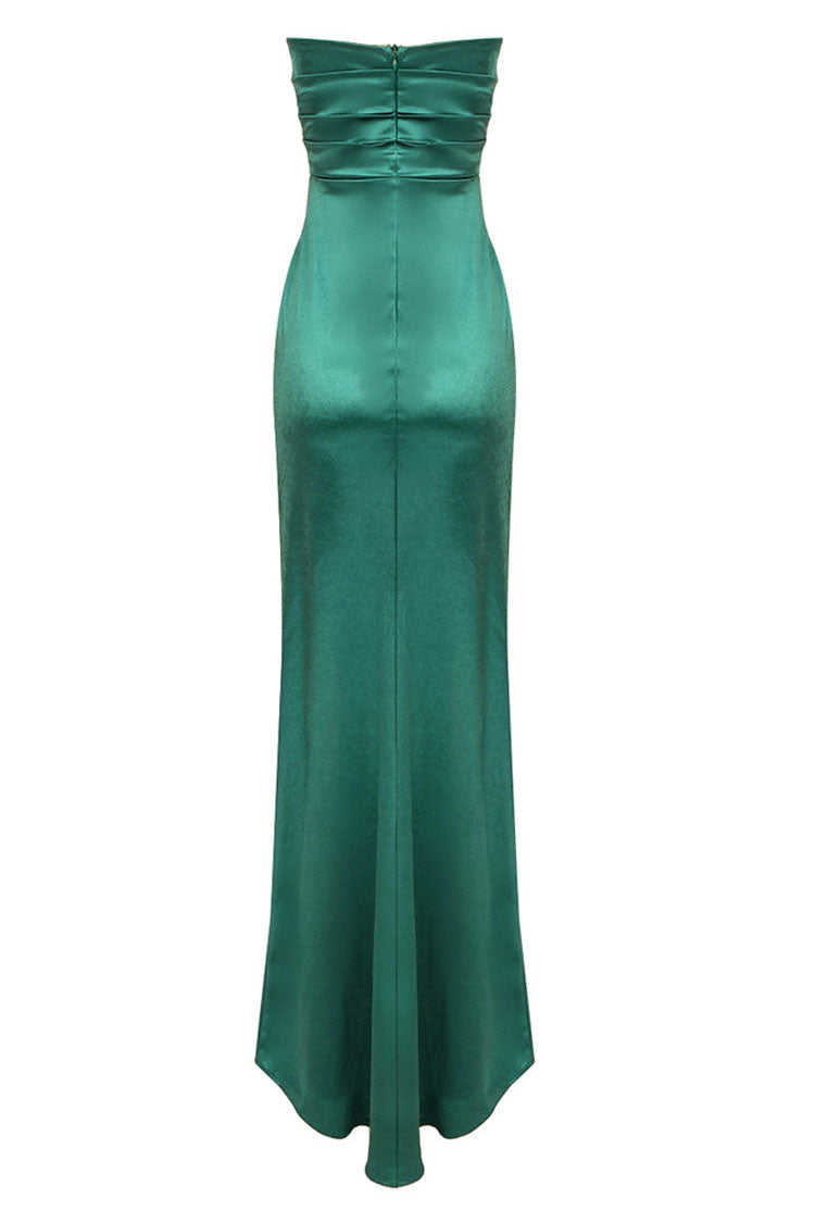 Sexy Silky Satin Cowl Neck Pleated High Split Strapless Evening Maxi Dress - Emerald Green 7