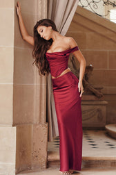 Sexy Silky Satin Lace Up Backless Crop Corset Maxi Skirt Two Piece Dress - Red 2