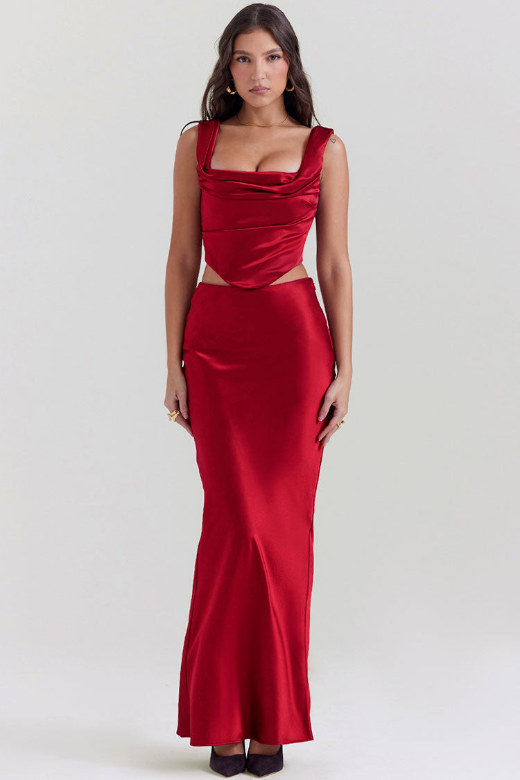 Sexy Silky Satin Lace Up Backless Crop Corset Maxi Skirt Two Piece Dress - Red 4