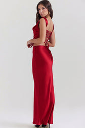 Sexy Silky Satin Lace Up Backless Crop Corset Maxi Skirt Two Piece Dress - Red 6