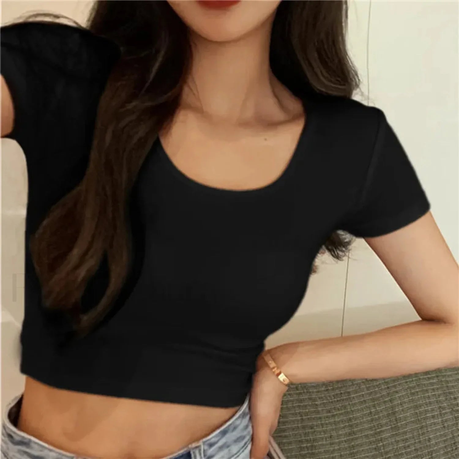 Sexy Skinny V-neck Solid Crop Top Short Sleeve Tee