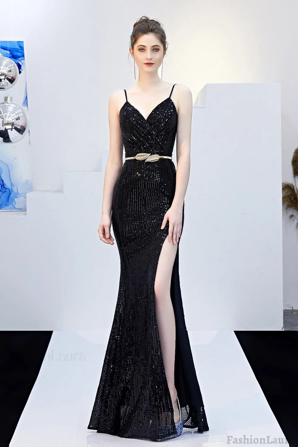 Sexy Slim Fishtail Party Dress with Belt Black / S