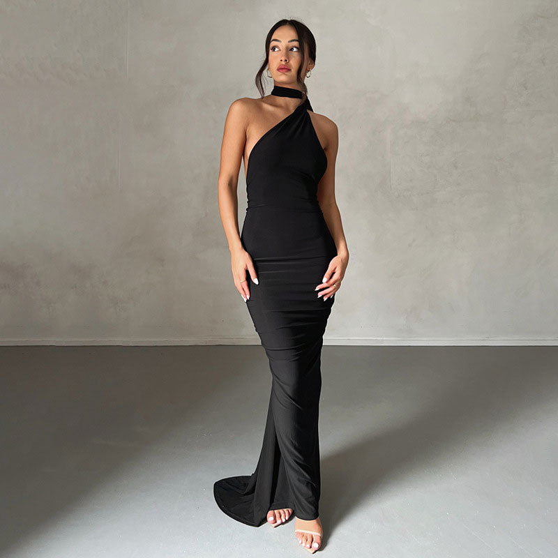 One Shoulder Choker Neck Ruched Fishtail Train Evening Maxi Dress