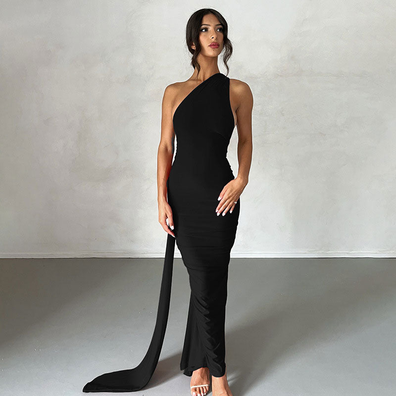 One Shoulder Choker Neck Ruched Fishtail Train Evening Maxi Dress 2