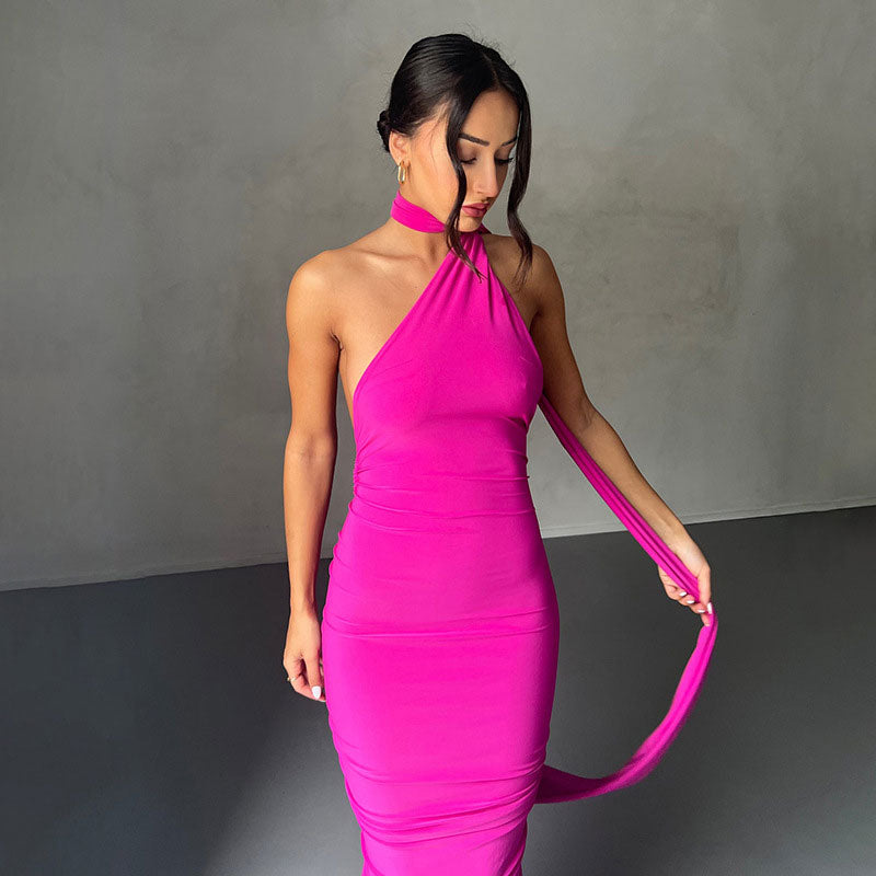 One Shoulder Ruched Draped Sash Train Bodycon Maxi Dress 2