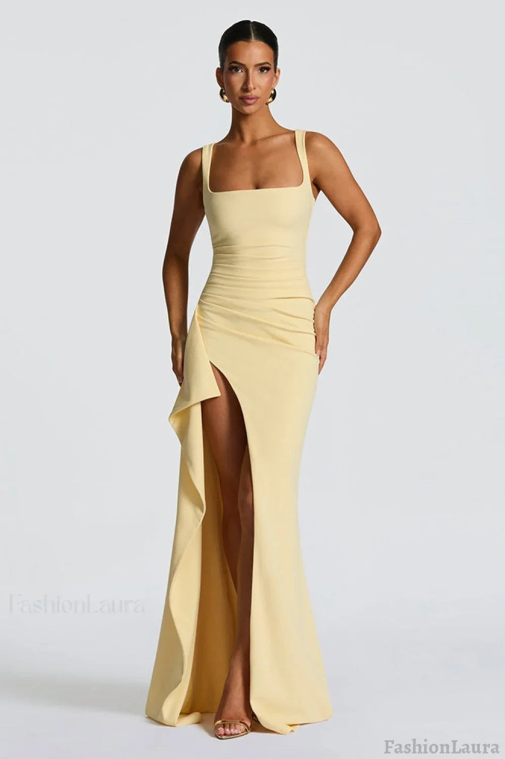 Sexy Spaghetti Strap High Slit Maxi Party Dress S / Yellow
