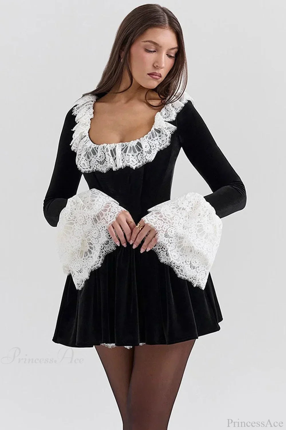 Velvet Square Neck Lace Trim Flared Cuff Long Sleeve Mini Dress 2