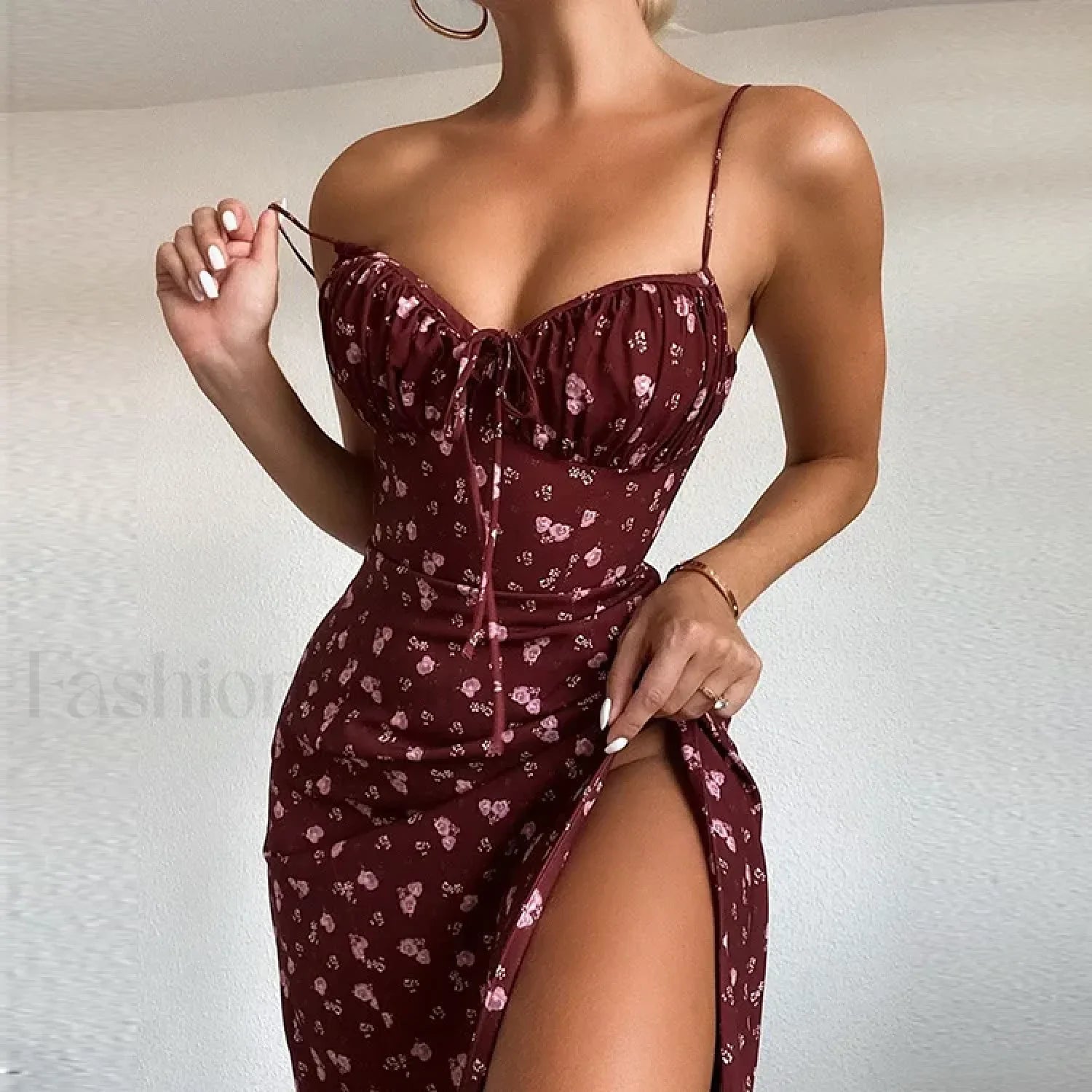 Sexy Strapless Lace up High Waist Flower Print Split Midi Dress Burgundy / S