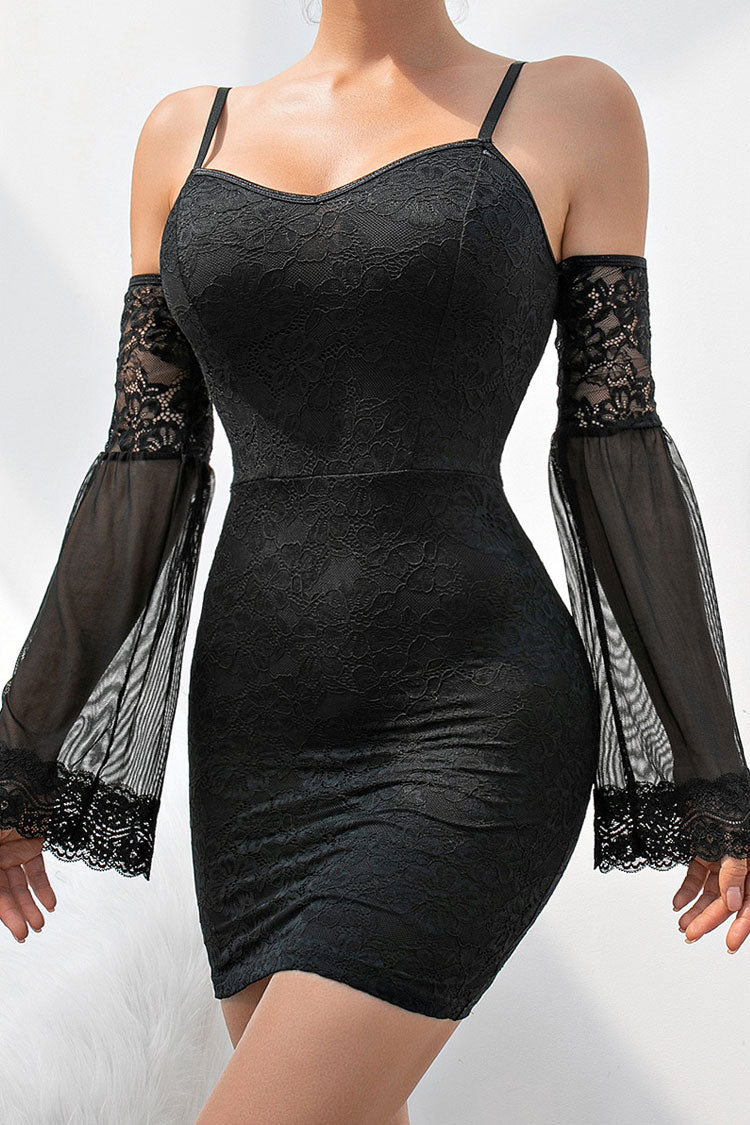 Sexy Sweetheart Bell Sleeve Cold Shoulder Lace Party Mini Dress - Black 3