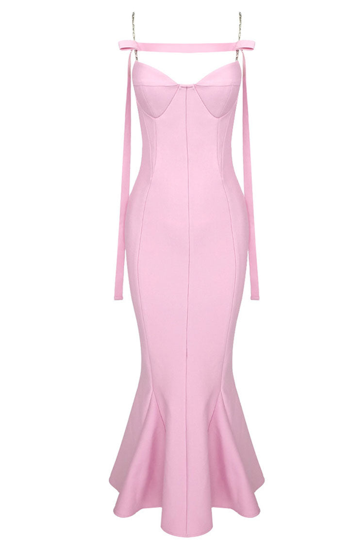 Sexy Sweetheart Chain Strap Bandage Fishtail Cocktail Party Midi Dress - Pink 5