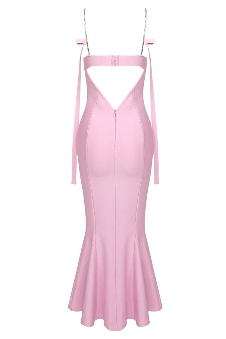 Sexy Sweetheart Chain Strap Bandage Fishtail Cocktail Party Midi Dress - Pink 6