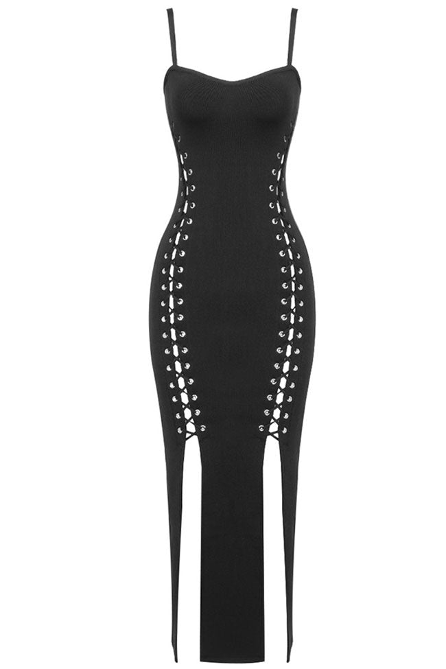 Sexy Sweetheart Lace Up Thigh High Slit Bandage Prom Midi Dress - Black 4