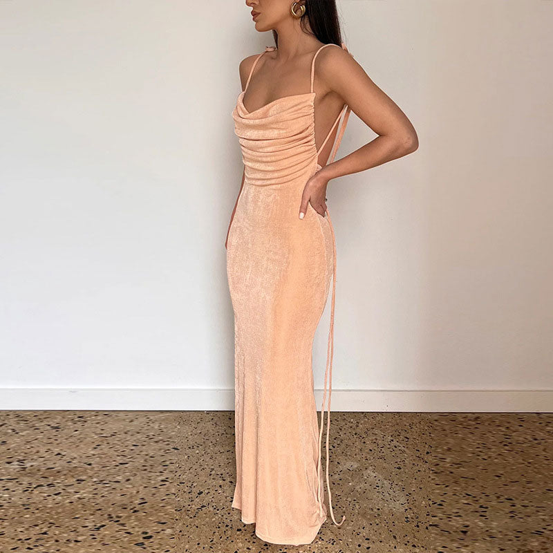 Tie Shoulder Spaghetti Strap Ruched Open Back Bodycon Maxi Dress 2
