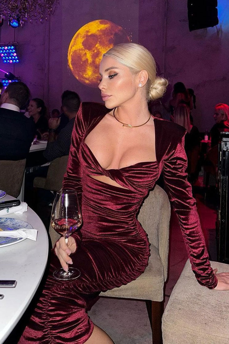 Sexy Twist Front Cutout Shoulder Pad Velvet Ruched Cocktail Midi Dress - Burgundy 4