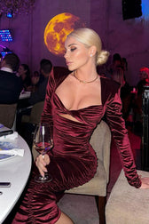 Sexy Twist Front Cutout Shoulder Pad Velvet Ruched Cocktail Midi Dress - Burgundy 4