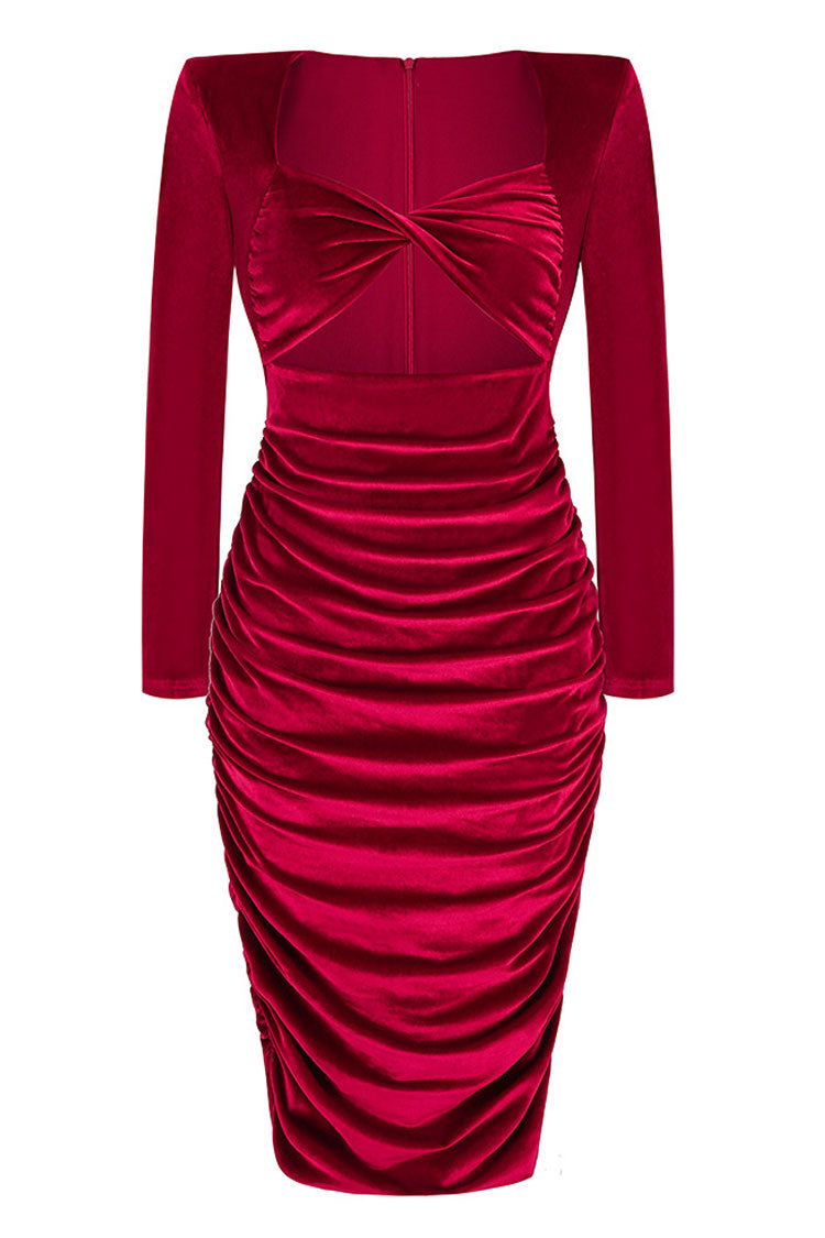 Sexy Twist Front Cutout Shoulder Pad Velvet Ruched Cocktail Midi Dress - Burgundy 6