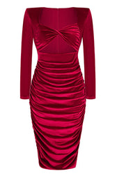 Sexy Twist Front Cutout Shoulder Pad Velvet Ruched Cocktail Midi Dress - Burgundy 6