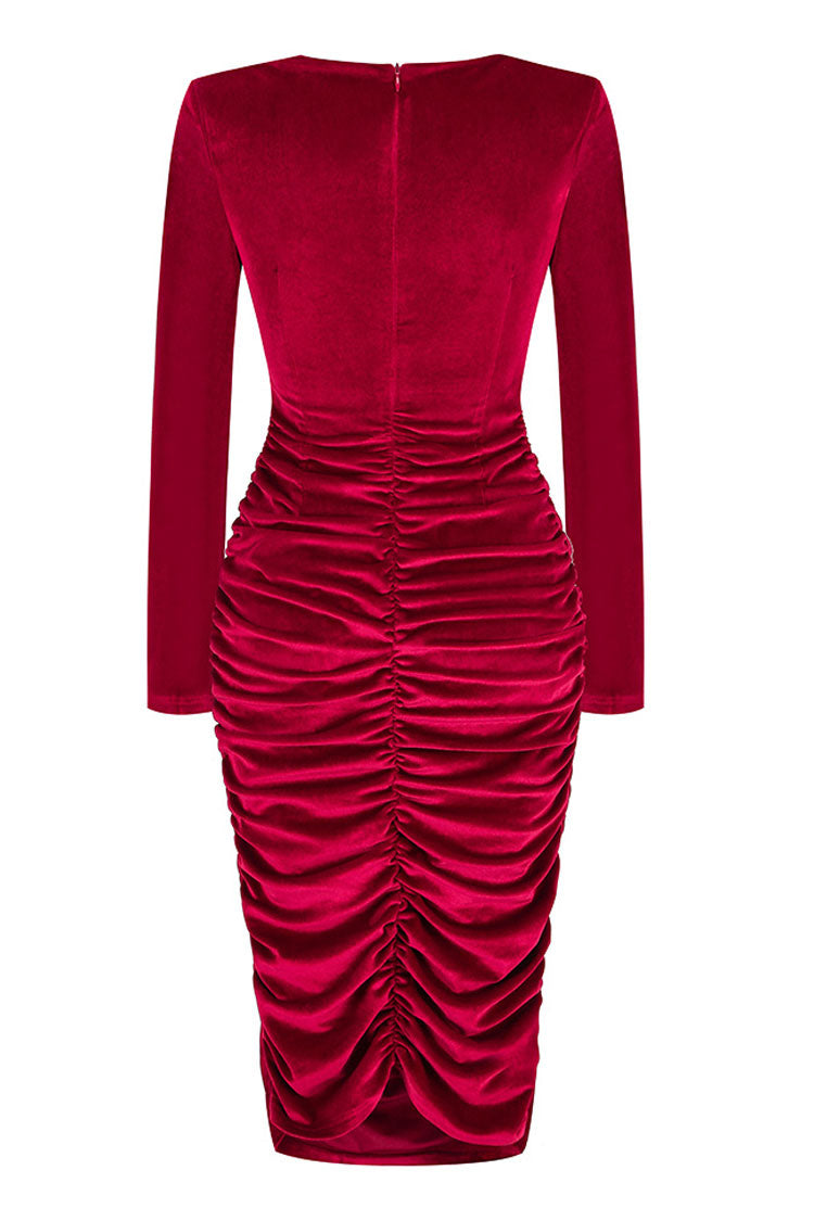 Sexy Twist Front Cutout Shoulder Pad Velvet Ruched Cocktail Midi Dress - Burgundy 7