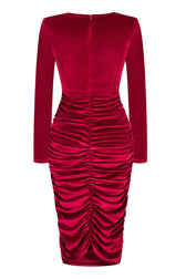 Sexy Twist Front Cutout Shoulder Pad Velvet Ruched Cocktail Midi Dress - Burgundy 7