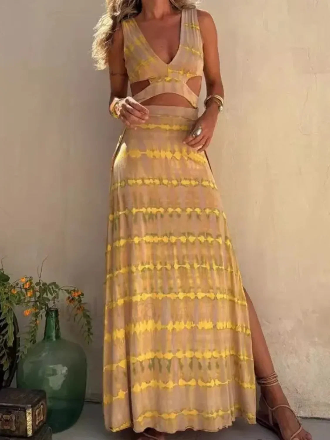 Sexy V Neck Backless Boho Dress Yellow / S