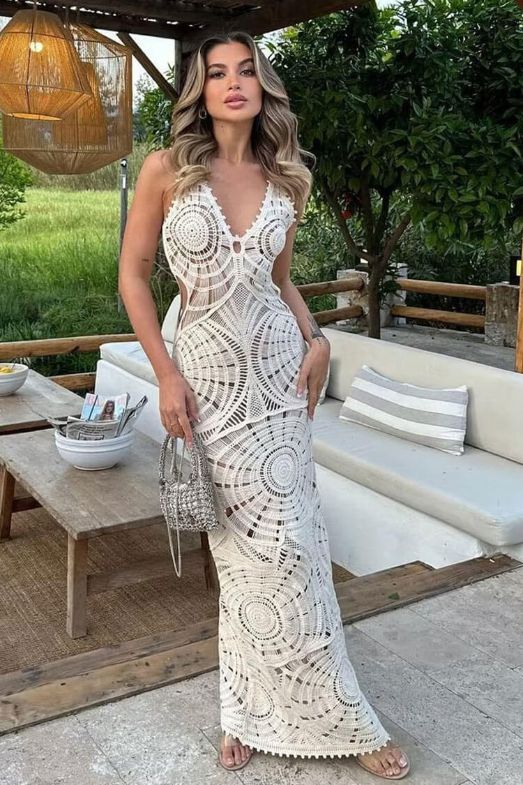 Stylish V Neck Cutout Circle Crochet Open Knit Maxi Beach Vacation Dress - Beige