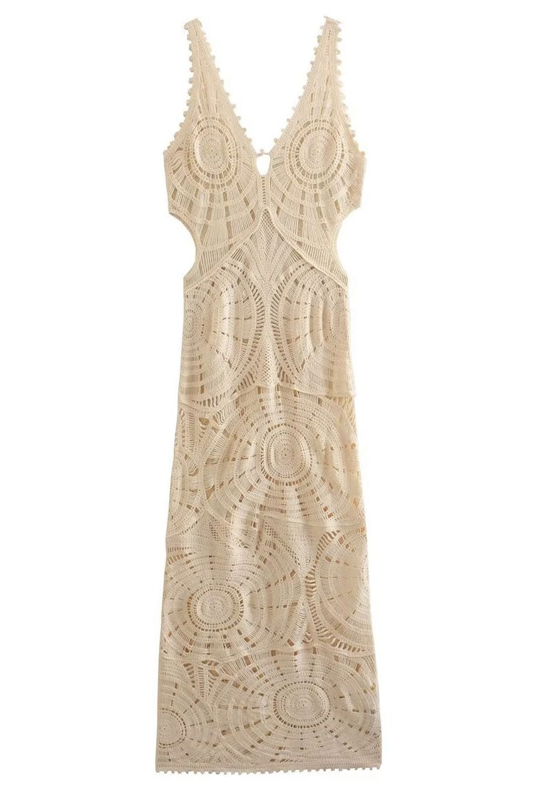 Stylish V Neck Cutout Circle Crochet Open Knit Maxi Beach Vacation Dress - Beige