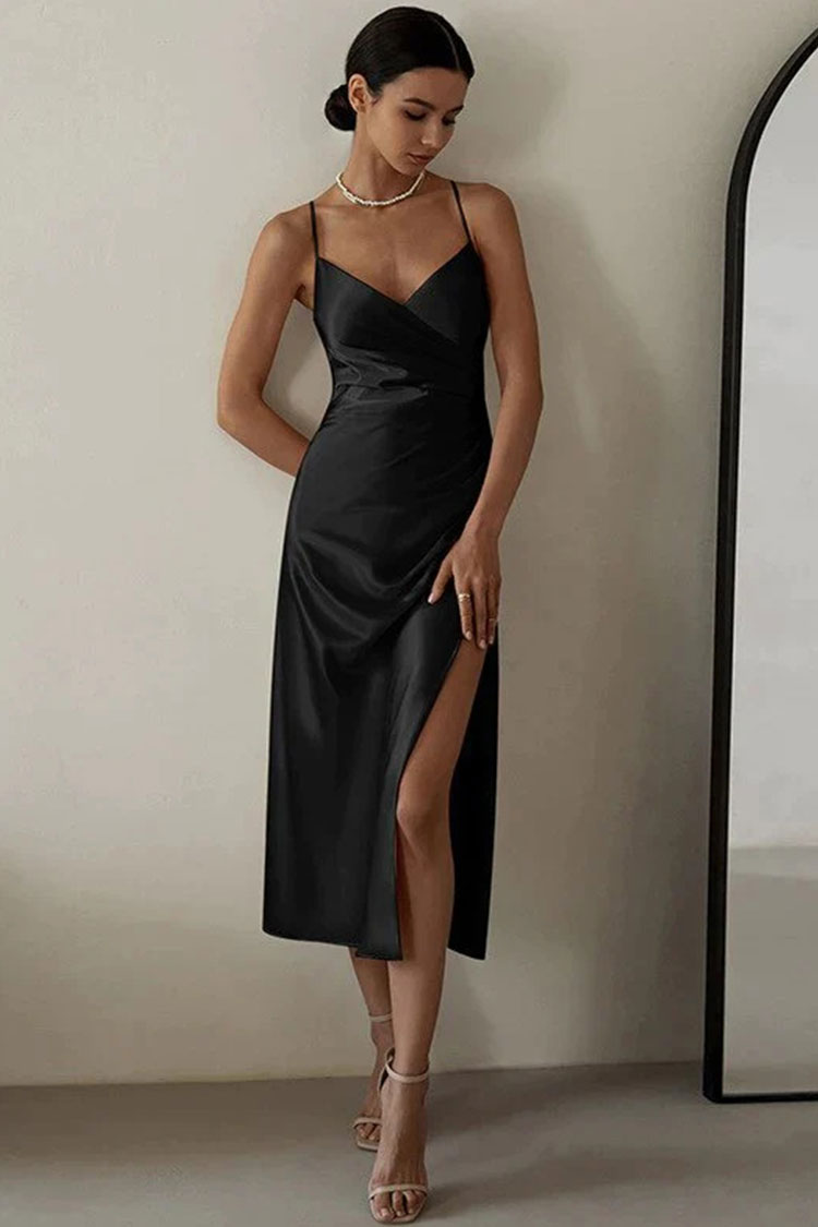 Satin V-Neck Spaghetti Strap Wrap Bodice High Split Midi Dress