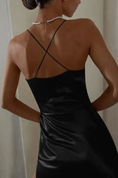 Sexy V Neck Ruched Trim High Split Cami Cocktail Party Midi Dress - Black 2
