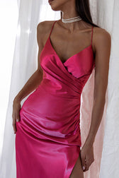 Sexy V Neck Ruched Trim High Split Cami Cocktail Party Midi Dress - Rose 3